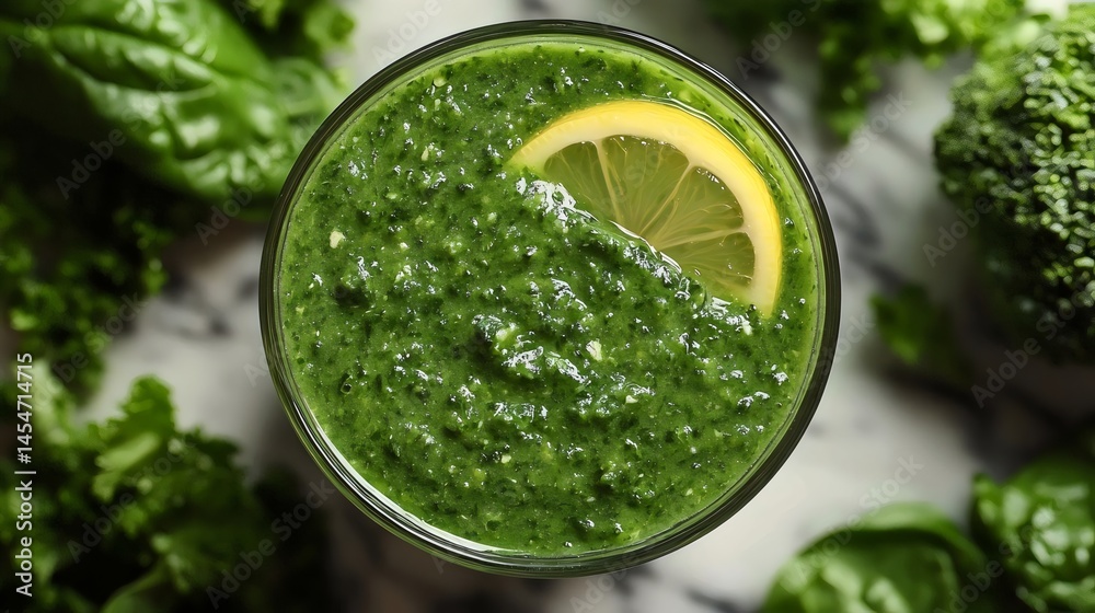 An overhead shot of a delicious green smoothie with a lemon garnish, rich in greens. An overhead shot of a delicious green smoothie with a lemon garnish, rich in greens.
