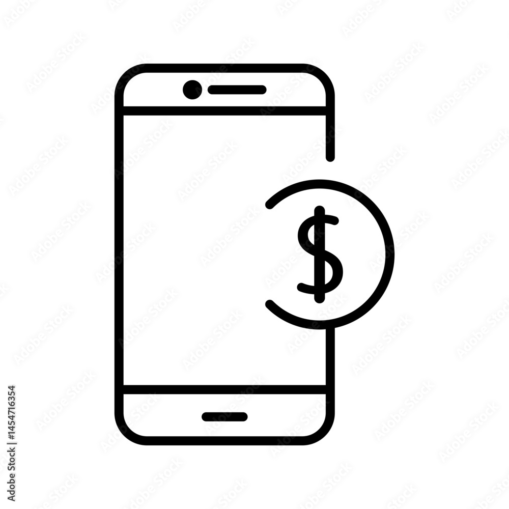 Vector line icon of mobile banking, depicting a smartphone with a dollar sign, bank symbol, or transaction elements. Represents digital financial services, mobile money transfers, online payments, and Vector line icon of mobile banking, depicting a smartphone with a dollar sign, bank symbol, or transaction elements. Represents digital financial services, mobile money transfers, online payments, and