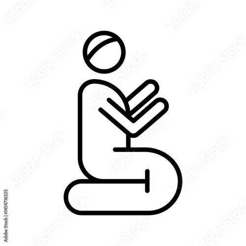 Vector line icon representing Muslim prayer (Salat), typically showing a person in a prostration (sujud) or sitting position, facing Qibla. Symbolizes Islamic worship, spirituality, daily prayers, and