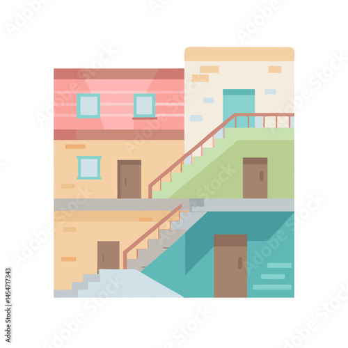 Urban apartment building with exterior stairs in flat style
