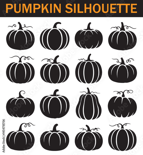 Collection of various black silhouette pumpkin icons with different shapes and styles for Halloween and autumn-themed designs.