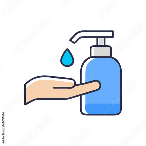 Hand sanitizer pump icon with blue liquid in flat style