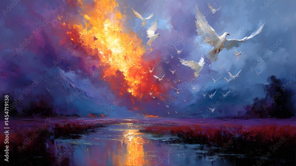 Obraz premium Majestic Dawn with Birds Flying over Fiery Sky and Tranquil Water Reflection in Nature