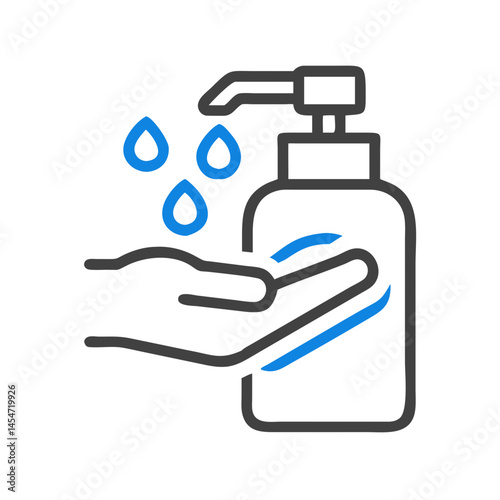 Outline icon of handwashing with dispenser and droplets