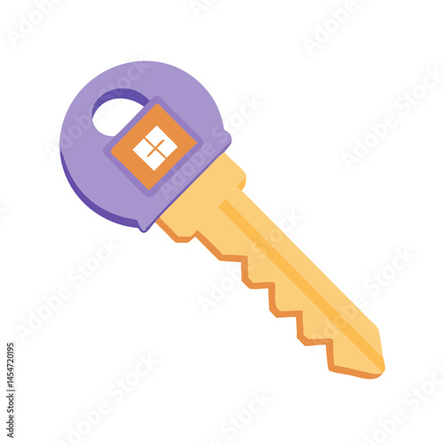 Purple key with home symbol in cartoon flat style