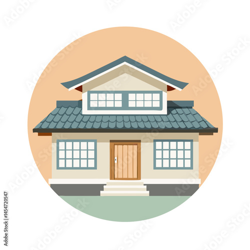 Suburban family house with green roof in flat style
