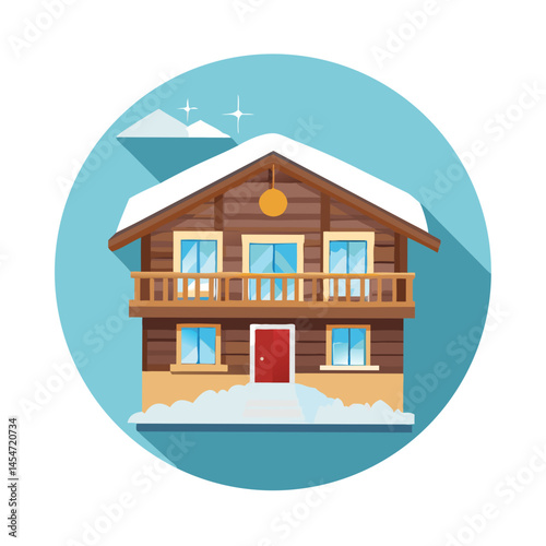 Traditional wooden lodge with red door in snowy setting