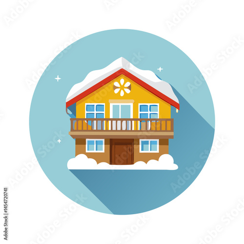 Snow-covered wooden chalet with yellow facade icon