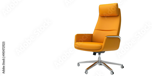 Elegant ergonomic office chair with yellow leather seat and chrome base isolated on white transparent background