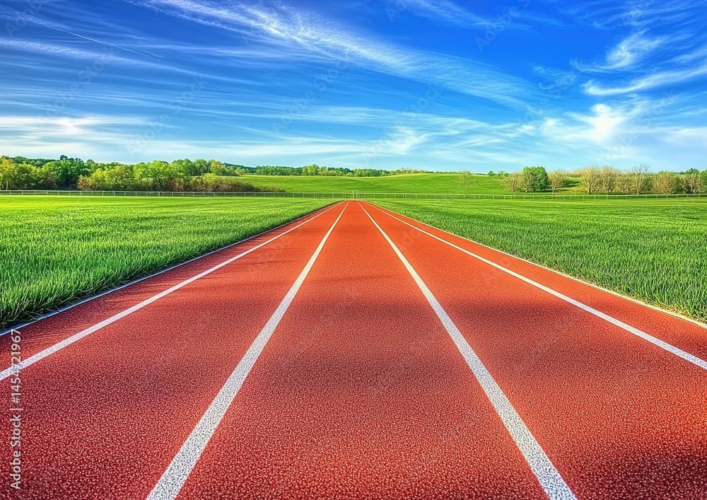 Fototapeta premium A red running track with white lines and green grass on both sides under a blue sky