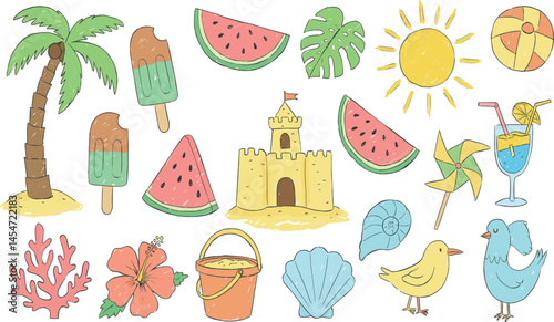 Summer beach icon. Sea vacation vector. Crayon doodle sticker set with sun, palm, shell, flower, watermelon, coral, sand castle. Chalk travel illustration. Summer holiday element.