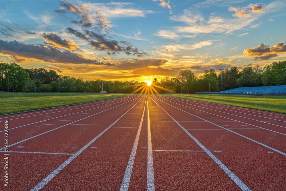 Fototapeta premium Golden rays light the running track where determination meets beauty in the evening calm
