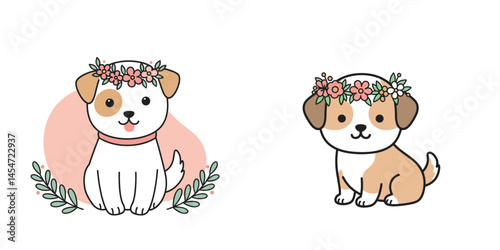 Puppy with floral wreath for festive pet photography, decorated animal concept