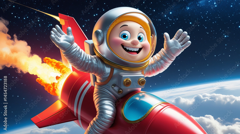 Cartoon boy in space suit sitting on a rocket, flying through space with a joyful expression and adventurous spirit.