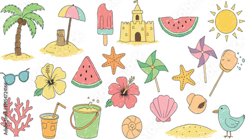 Summer beach icon. Sea vacation vector. Crayon doodle sticker set with sun, palm, shell, flower, watermelon, coral, sand castle. Chalk travel illustration. Summer holiday element.