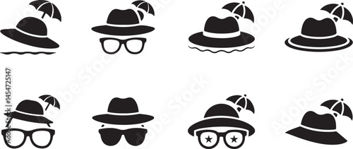  Summer Hat and Sunglass icon set , Perfect for Vacation silhouette vector illustration.