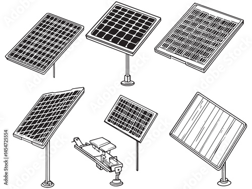 Line Art Solar Power Source with Sun and Panels