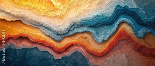 Colorful sedimentary layers form an abstract landscape, exhibiting organic patterns and earthy tones.