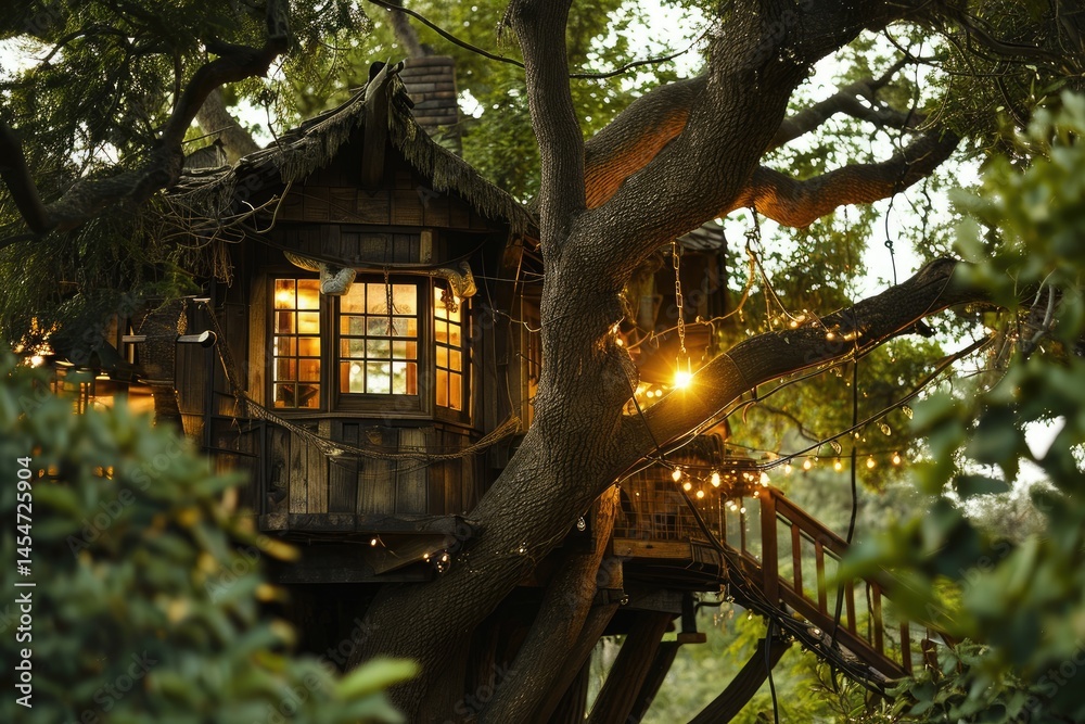 Fototapeta premium A secluded wooden treehouse in the heart of a lush forest glows softly as sunlight pierces the canopy, creating a serene and natural refuge