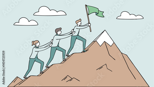 Team achievement, teamwork to success together, colleagues support or leadership to lead team to overcome challenge, cooperation concept, business people team member help others reach mountain peak.