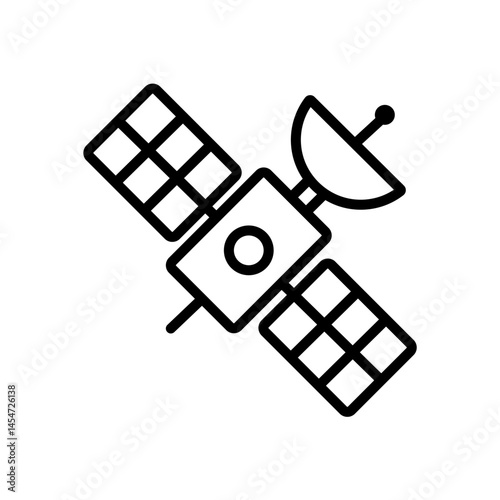 A clean, black-and-white line icon of a satellite featuring antennas and solar panels. 