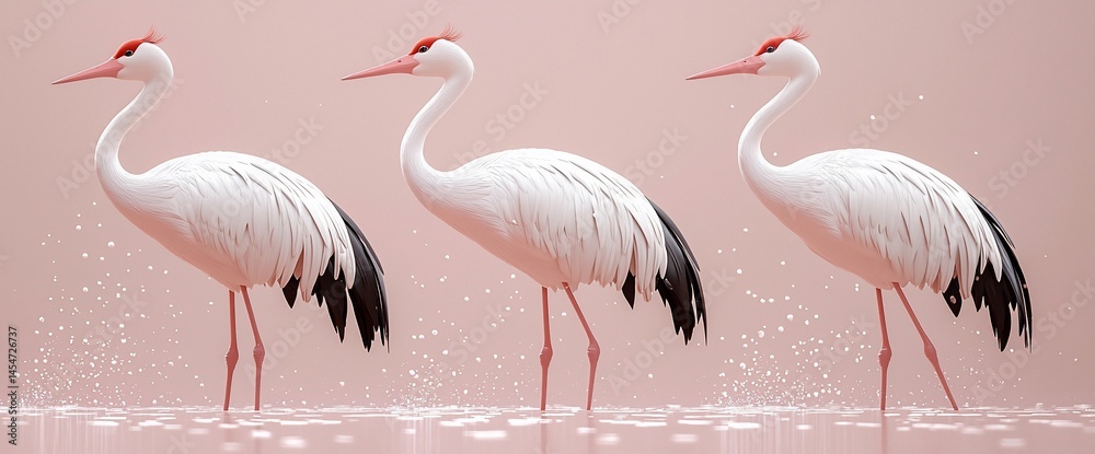 Obraz premium Three Elegant Cranes in a Pastel Setting