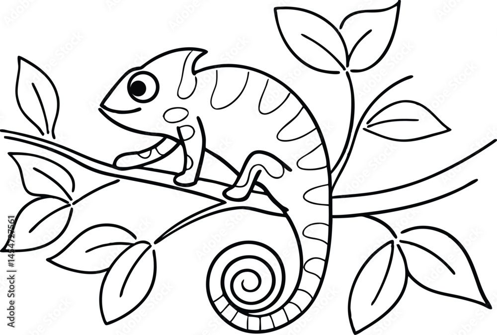 Obraz premium Chameleon On Branch Line Art Vector Illustration Coloring Book Design