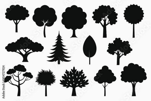 Black Tree Silhouette Icons – Diverse Forest and Nature Elements Pack