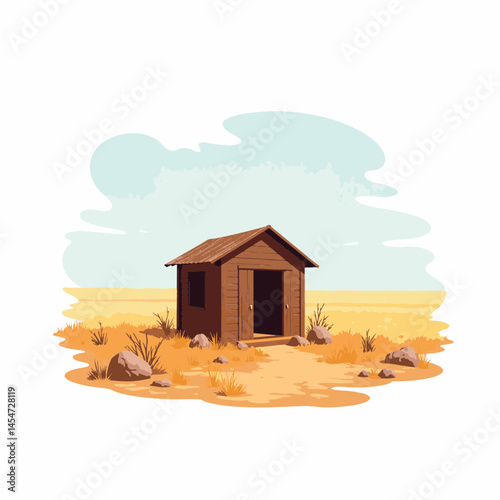 Weathered wooden shelter in arid field, symbol of solitude