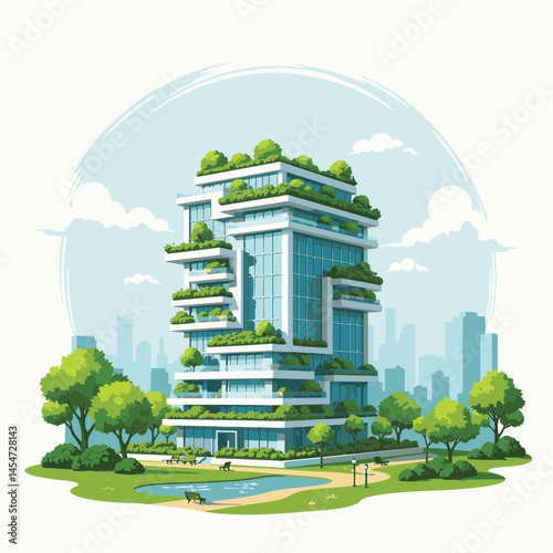 Eco-friendly residential building with green terraces, sustainable living