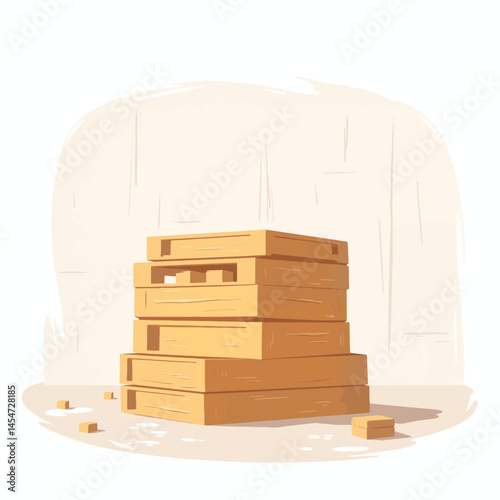 Stack of humanitarian pallets in minimalist shelter, aid support
