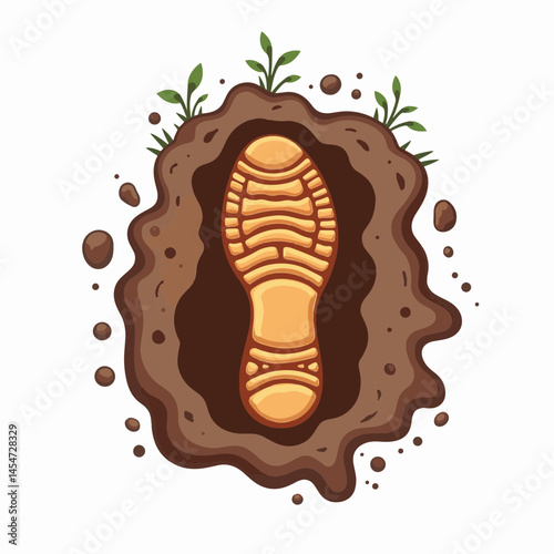 Distinct footprint in moist soil with grass, nature symbolism