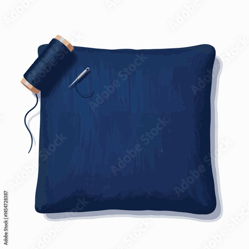 Neatly arranged navy fabric with needle and thread, sewing concept