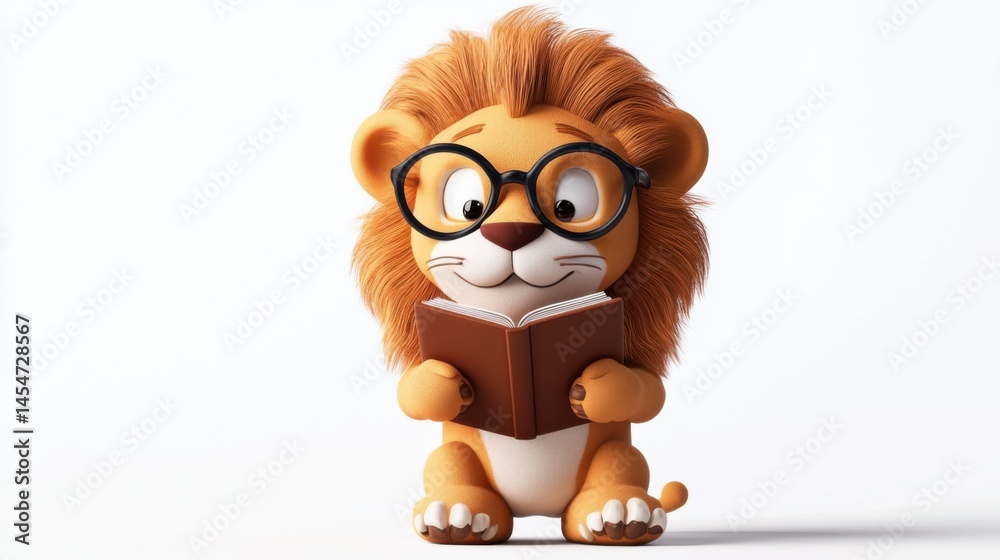 Obraz premium cartoon animal character, a friendly lion wearing glasses and holding a book, isolated on a white background