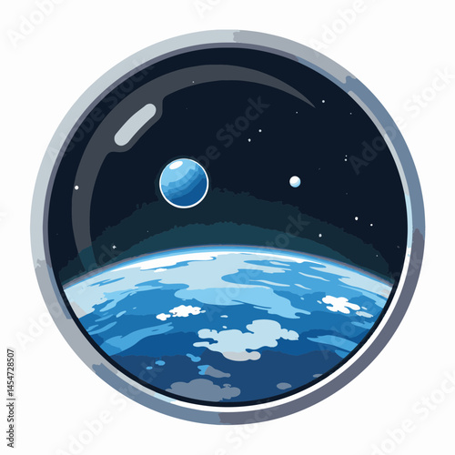 Transparent window showcasing distant blue planet in space, cosmic beauty