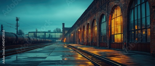 Train tracks stretch alongside brick building featuring arched windows, creating industrial atmospheric view.