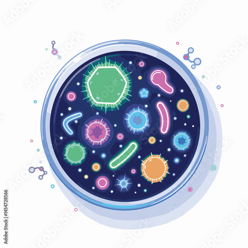 Colorful alien bacteria in Petri dish on white background, microbiology concept