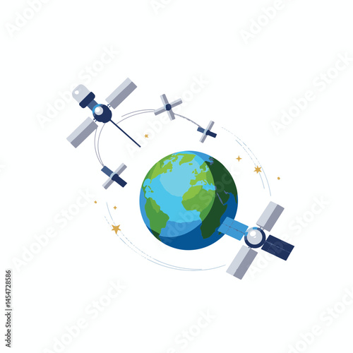 Satellite cluster orbiting Earth in space, communication technology