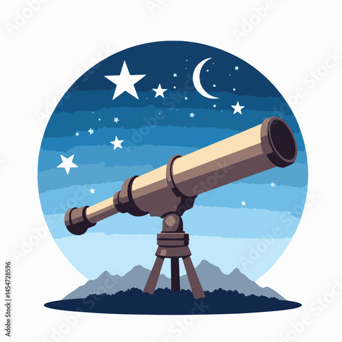 Classic telescope observing stars in night sky, wonder of astronomy