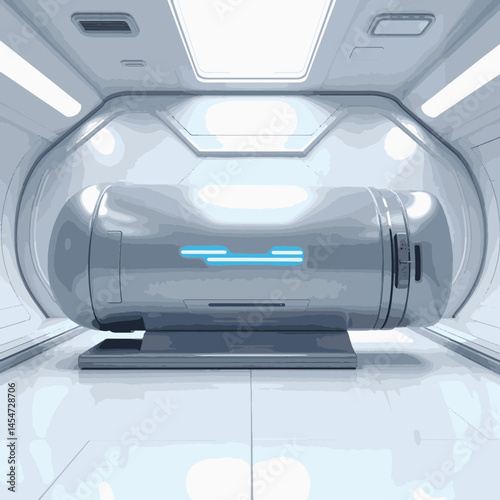 Futuristic cryo-chamber in sleek spacecraft interior, advanced technology