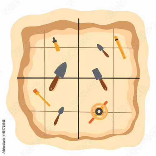 Archaeological excavation grid with tools on beige background, education