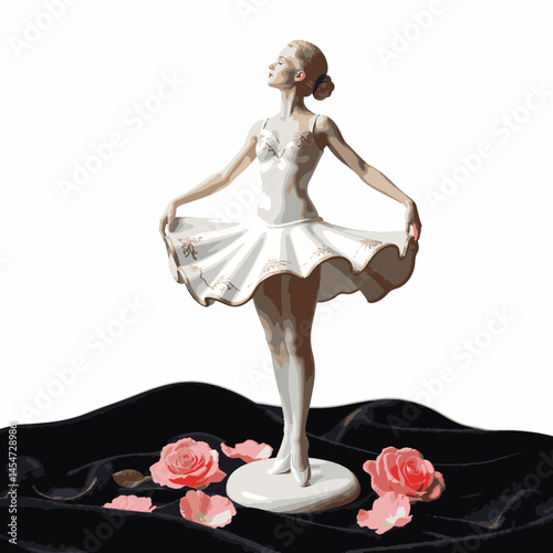 Elegant ballerina figurine on black velvet with rose petals, romantic art