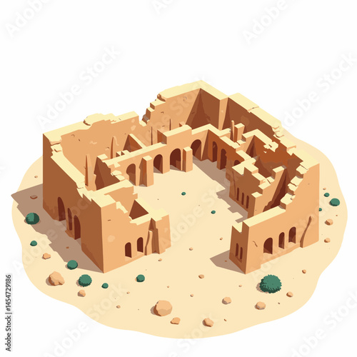 Ancient city ruins in desert landscape, minimalist illustration