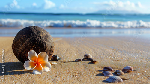 Conchas sobre arena en playa tropical.