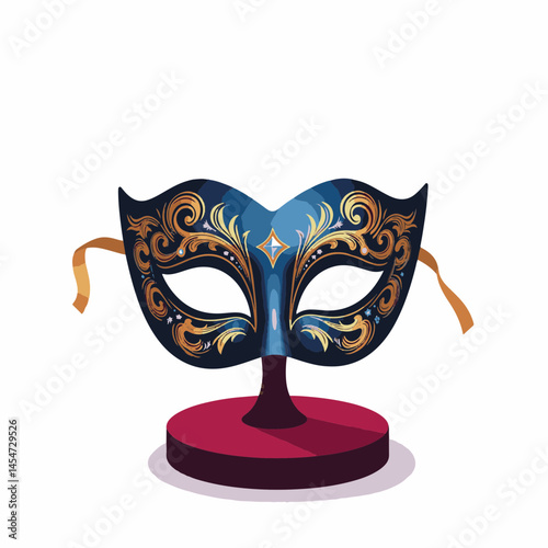 Intricate Venetian carnival mask displayed on velvet stand, artistry
