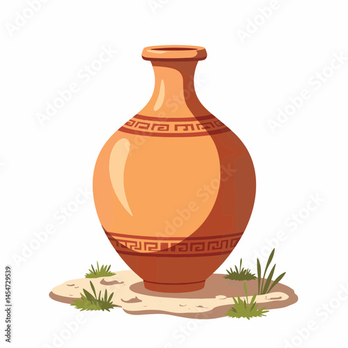 Ancient terracotta amphora displayed on stone path, historical art