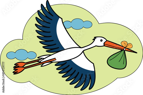 Cartoon Stork Delivering Baby In Sack Against Light Green Sky