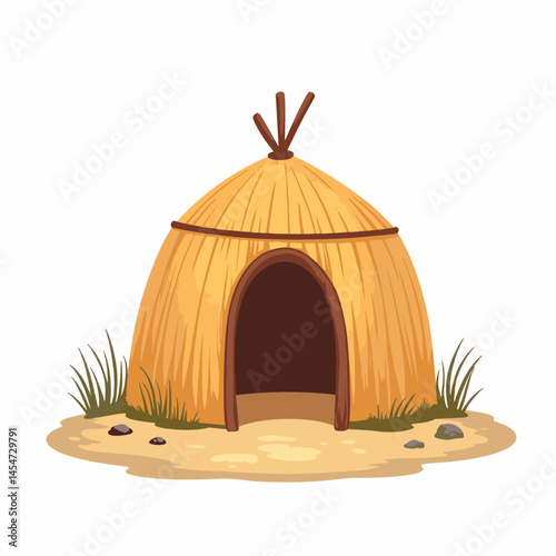 Traditional reed shelter on sandy ground, natural simplicity
