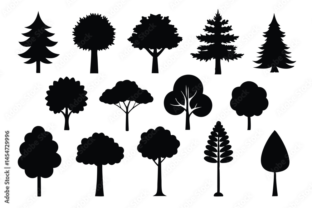 Fototapeta premium Tree Silhouettes Collection – Black Forest, Nature, and Botanical Icons Set