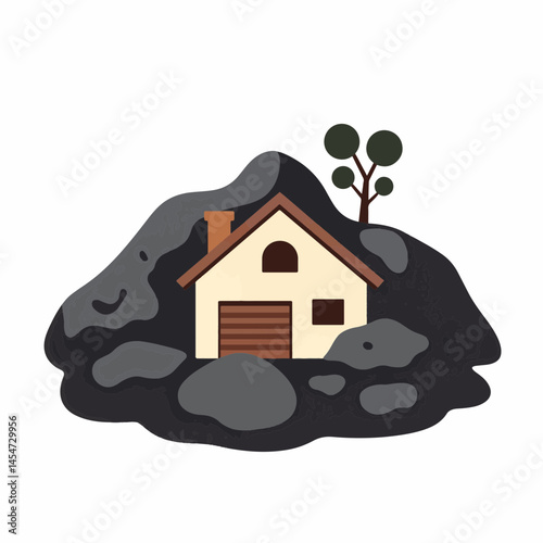 House preserved in lava surrounded by smooth rock formation, resilience